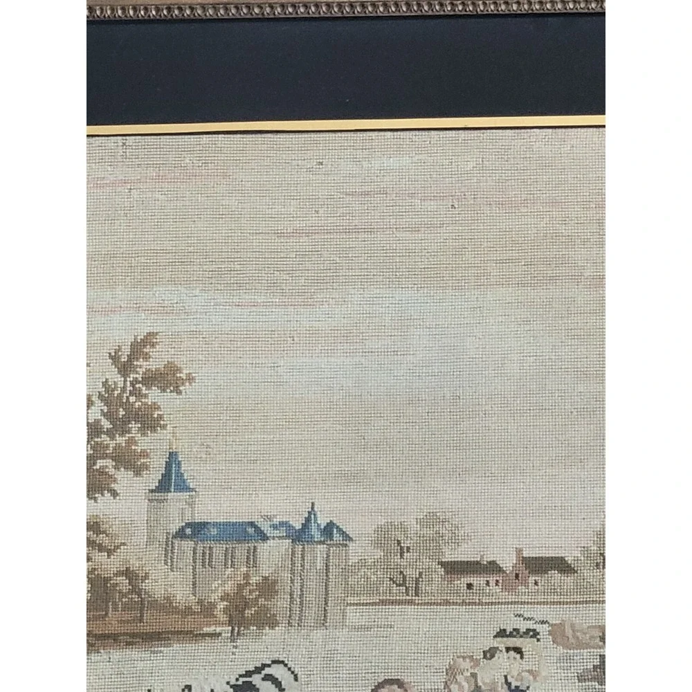 Big Antique Needlepoint Pastoral Scene Framed Picture Cows Horses Maidens Castle